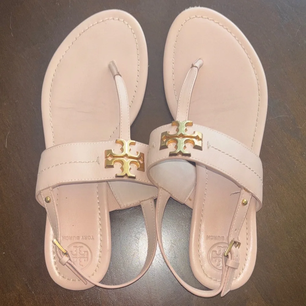 Tory Burch Pale Pink Leather Logo Toe-Post Sandals - Picture 1 of 6